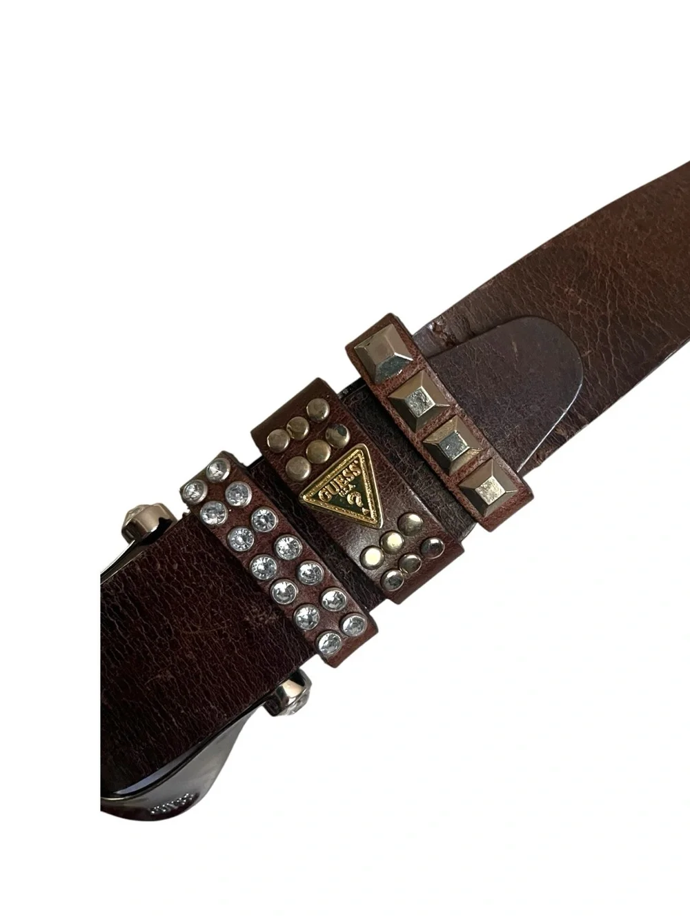 Y2K Guess Rhinestone and Studded embellishment Leather logo plague belt.SZ.L